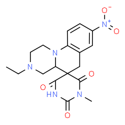 ChemSpider 2D Image | 3-Ethyl-1'-methyl-8-nitro-2,3,4,4a-tetrahydro-1H,2'H,6H-spiro[pyrazino[1,2-a]quinoline-5,5'-pyrimidine]-2',4',6'(1'H,3'H)-trione | C18H21N5O5