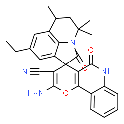 ChemSpider 2D Image | 2-Amino-8'-ethyl-4',4',6'-trimethyl-2',5-dioxo-5,5',6,6'-tetrahydro-4'H-spiro[pyrano[3,2-c]quinoline-4,1'-pyrrolo[3,2,1-ij]quinoline]-3-carbonitrile | C28H26N4O3