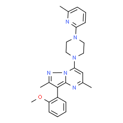 ChemSpider 2D Image | 3-(2-Methoxyphenyl)-2,5-dimethyl-7-[4-(6-methyl-2-pyridinyl)-1-piperazinyl]pyrazolo[1,5-a]pyrimidine | C25H28N6O