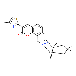 ChemSpider 2D Image | 3-(4-Methyl-1,3-thiazol-2-yl)-2-oxo-8-[(1,3,3-trimethyl-6-azoniabicyclo[3.2.1]oct-6-yl)methyl]-2H-chromen-7-olate | C24H28N2O3S