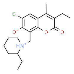 ChemSpider 2D Image | 6-Chloro-3-ethyl-8-[(2-ethyl-1-piperidiniumyl)methyl]-4-methyl-2-oxo-2H-chromen-7-olate | C20H26ClNO3