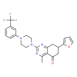 ChemSpider 2D Image | 7-(2-Furyl)-4-methyl-2-{4-[3-(trifluoromethyl)phenyl]-1-piperazinyl}-7,8-dihydro-5(6H)-quinazolinone | C24H23F3N4O2
