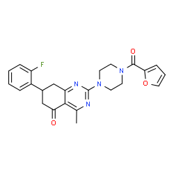 ChemSpider 2D Image | 7-(2-Fluorophenyl)-2-[4-(2-furoyl)-1-piperazinyl]-4-methyl-7,8-dihydro-5(6H)-quinazolinone | C24H23FN4O3