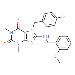 ChemSpider 2D Image | 7-(4-Fluorobenzyl)-8-[(2-methoxybenzyl)amino]-1,3-dimethyl-3,7-dihydro-1H-purine-2,6-dione | C22H22FN5O3