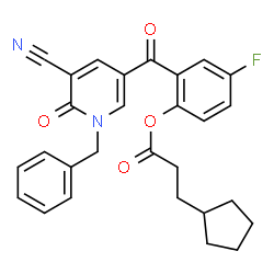 ChemSpider 2D Image | 2-[(1-Benzyl-5-cyano-6-oxo-1,6-dihydro-3-pyridinyl)carbonyl]-4-fluorophenyl 3-cyclopentylpropanoate | C28H25FN2O4