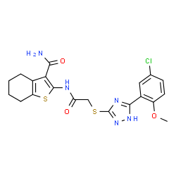 ChemSpider 2D Image | 2-[({[5-(5-Chloro-2-methoxyphenyl)-1H-1,2,4-triazol-3-yl]sulfanyl}acetyl)amino]-4,5,6,7-tetrahydro-1-benzothiophene-3-carboxamide | C20H20ClN5O3S2