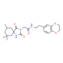 ChemSpider 2D Image | N-[2-(2,3-Dihydro-1,4-benzodioxin-6-yl)ethyl]-2-(7,7,9-trimethyl-2,4-dioxo-1,3-diazaspiro[4.5]dec-3-yl)acetamide | C23H31N3O5