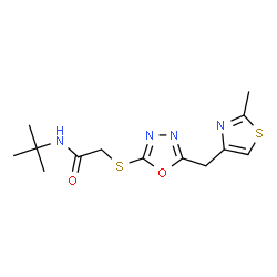 ChemSpider 2D Image | N-(2-Methyl-2-propanyl)-2-({5-[(2-methyl-1,3-thiazol-4-yl)methyl]-1,3,4-oxadiazol-2-yl}sulfanyl)acetamide | C13H18N4O2S2