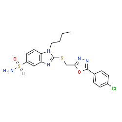 ChemSpider 2D Image | 1-Butyl-2-({[5-(4-chlorophenyl)-1,3,4-oxadiazol-2-yl]methyl}sulfanyl)-1H-benzimidazole-5-sulfonamide | C20H20ClN5O3S2
