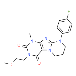 ChemSpider 2D Image | 9-(4-Fluorophenyl)-3-(2-methoxyethyl)-1-methyl-6,7,8,9-tetrahydropyrimido[2,1-f]purine-2,4(1H,3H)-dione | C18H20FN5O3