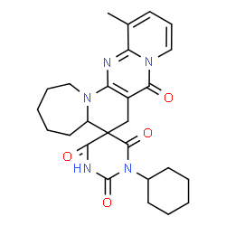 ChemSpider 2D Image | 1'-Cyclohexyl-13-methyl-1,2,3,4,5,5a-hexahydro-2'H,7H,8H-spiro[pyrido[1'',2'':1',2']pyrimido[5',4':5,6]pyrido[1,2-a]azepine-6,5'-pyrimidine]-2',4',6',8(1'H,3'H)-tetrone | C26H31N5O4