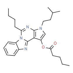ChemSpider 2D Image | 5-Butyl-3-(3-methylbutyl)-3H-pyrrolo[2',3':4,5]pyrimido[1,6-a]benzimidazol-1-yl valerate | C26H34N4O2