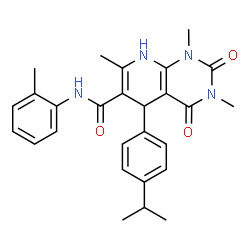 ChemSpider 2D Image | 5-(4-Isopropylphenyl)-1,3,7-trimethyl-N-(2-methylphenyl)-2,4-dioxo-1,2,3,4,5,8-hexahydropyrido[2,3-d]pyrimidine-6-carboxamide | C27H30N4O3
