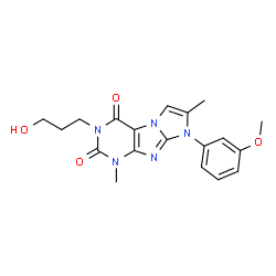 ChemSpider 2D Image | 3-(3-Hydroxypropyl)-8-(3-methoxyphenyl)-1,7-dimethyl-1H-imidazo[2,1-f]purine-2,4(3H,8H)-dione | C19H21N5O4