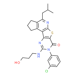 ChemSpider 2D Image | 8-(3-Chlorophenyl)-9-[(3-hydroxypropyl)amino]-4-isobutyl-2,3-dihydro-1H-cyclopenta[4',5']pyrido[3',2':4,5]thieno[3,2-d]pyrimidin-7(8H)-one | C25H27ClN4O2S