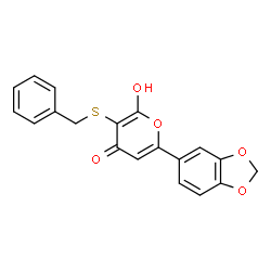 ChemSpider 2D Image | 6-(1,3-Benzodioxol-5-yl)-3-(benzylsulfanyl)-2-hydroxy-4H-pyran-4-one | C19H14O5S
