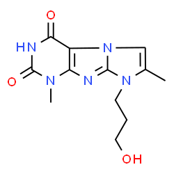 ChemSpider 2D Image | 8-(3-Hydroxypropyl)-1,7-dimethyl-1H-imidazo[2,1-f]purine-2,4(3H,8H)-dione | C12H15N5O3