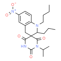 ChemSpider 2D Image | 1'-Butyl-1-isopropyl-6'-nitro-2'-propyl-1',4'-dihydro-2H,2'H-spiro[pyrimidine-5,3'-quinoline]-2,4,6(1H,3H)-trione | C22H30N4O5