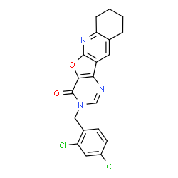ChemSpider 2D Image | 3-(2,4-Dichlorobenzyl)-7,8,9,10-tetrahydropyrimido[4',5':4,5]furo[2,3-b]quinolin-4(3H)-one | C20H15Cl2N3O2