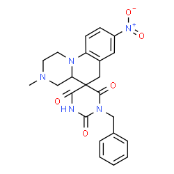 ChemSpider 2D Image | 1'-Benzyl-3-methyl-8-nitro-2,3,4,4a-tetrahydro-1H,2'H,6H-spiro[pyrazino[1,2-a]quinoline-5,5'-pyrimidine]-2',4',6'(1'H,3'H)-trione | C23H23N5O5