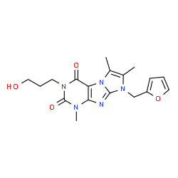 ChemSpider 2D Image | 8-(2-Furylmethyl)-3-(3-hydroxypropyl)-1,6,7-trimethyl-1H-imidazo[2,1-f]purine-2,4(3H,8H)-dione | C18H21N5O4