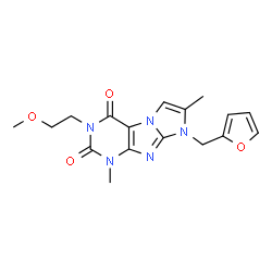 ChemSpider 2D Image | 8-(2-Furylmethyl)-3-(2-methoxyethyl)-1,7-dimethyl-1H-imidazo[2,1-f]purine-2,4(3H,8H)-dione | C17H19N5O4