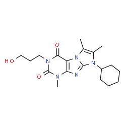 ChemSpider 2D Image | 8-Cyclohexyl-3-(3-hydroxypropyl)-1,6,7-trimethyl-1H-imidazo[2,1-f]purine-2,4(3H,8H)-dione | C19H27N5O3