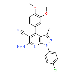 ChemSpider 2D Image | 6-Amino-1-(4-chlorophenyl)-4-(3,4-dimethoxyphenyl)-3-methyl-1H-pyrazolo[3,4-b]pyridine-5-carbonitrile | C22H18ClN5O2