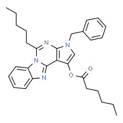 ChemSpider 2D Image | 3-Benzyl-5-pentyl-3H-pyrrolo[2',3':4,5]pyrimido[1,6-a]benzimidazol-1-yl hexanoate | C30H34N4O2