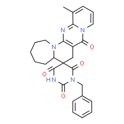 ChemSpider 2D Image | 1'-Benzyl-13-methyl-1,2,3,4,5,5a-hexahydro-2'H,7H,8H-spiro[pyrido[1'',2'':1',2']pyrimido[5',4':5,6]pyrido[1,2-a]azepine-6,5'-pyrimidine]-2',4',6',8(1'H,3'H)-tetrone | C27H27N5O4