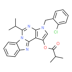 ChemSpider 2D Image | 3-(2-Chlorobenzyl)-5-isopropyl-3H-pyrrolo[2',3':4,5]pyrimido[1,6-a]benzimidazol-1-yl 2-methylpropanoate | C26H25ClN4O2