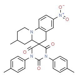 ChemSpider 2D Image | 3-Methyl-1',3'-bis(4-methylphenyl)-8-nitro-2,3,4,4a-tetrahydro-1H,2'H,6H-spiro[pyrido[1,2-a]quinoline-5,5'-pyrimidine]-2',4',6'(1'H,3'H)-trione | C31H30N4O5