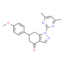 ChemSpider 2D Image | 1-(4,6-Dimethyl-2-pyrimidinyl)-6-(4-methoxyphenyl)-1,5,6,7-tetrahydro-4H-indazol-4-one | C20H20N4O2
