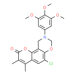 ChemSpider 2D Image | 6-Chloro-3,4-dimethyl-9-(3,4,5-trimethoxyphenyl)-9,10-dihydro-2H,8H-chromeno[8,7-e][1,3]oxazin-2-one | C22H22ClNO6