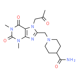 ChemSpider 2D Image | 1-{[1,3-Dimethyl-2,6-dioxo-7-(2-oxopropyl)-2,3,6,7-tetrahydro-1H-purin-8-yl]methyl}-4-piperidinecarboxamide | C17H24N6O4