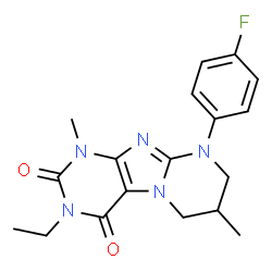 ChemSpider 2D Image | 3-Ethyl-9-(4-fluorophenyl)-1,7-dimethyl-6,7,8,9-tetrahydropyrimido[2,1-f]purine-2,4(1H,3H)-dione | C18H20FN5O2
