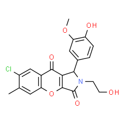 ChemSpider 2D Image | 7-Chloro-2-(2-hydroxyethyl)-1-(4-hydroxy-3-methoxyphenyl)-6-methyl-1,2-dihydrochromeno[2,3-c]pyrrole-3,9-dione | C21H18ClNO6