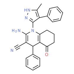 ChemSpider 2D Image | 2-Amino-1-(5-methyl-4-phenyl-1H-pyrazol-3-yl)-5-oxo-4-phenyl-1,4,5,6,7,8-hexahydro-3-quinolinecarbonitrile | C26H23N5O