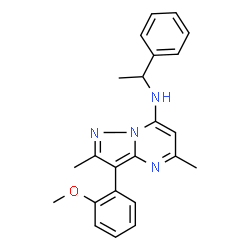 ChemSpider 2D Image | 3-(2-Methoxyphenyl)-2,5-dimethyl-N-(1-phenylethyl)pyrazolo[1,5-a]pyrimidin-7-amine | C23H24N4O