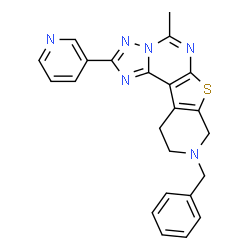 ChemSpider 2D Image | 9-Benzyl-5-methyl-2-(3-pyridinyl)-8,9,10,11-tetrahydropyrido[4',3':4,5]thieno[3,2-e][1,2,4]triazolo[1,5-c]pyrimidine | C23H20N6S