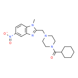 ChemSpider 2D Image | Cyclohexyl{4-[(1-methyl-5-nitro-1H-benzimidazol-2-yl)methyl]-1-piperazinyl}methanone | C20H27N5O3