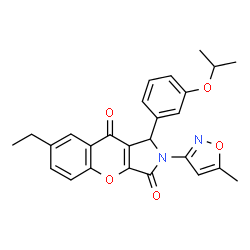 ChemSpider 2D Image | 7-Ethyl-1-(3-isopropoxyphenyl)-2-(5-methyl-1,2-oxazol-3-yl)-1,2-dihydrochromeno[2,3-c]pyrrole-3,9-dione | C26H24N2O5
