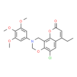 ChemSpider 2D Image | 6-Chloro-4-ethyl-9-(3,4,5-trimethoxyphenyl)-9,10-dihydro-2H,8H-chromeno[8,7-e][1,3]oxazin-2-one | C22H22ClNO6