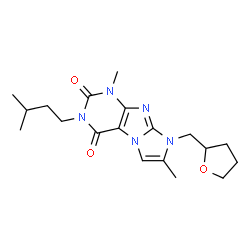 ChemSpider 2D Image | 1,7-Dimethyl-3-(3-methylbutyl)-8-(tetrahydro-2-furanylmethyl)-1H-imidazo[2,1-f]purine-2,4(3H,8H)-dione | C19H27N5O3