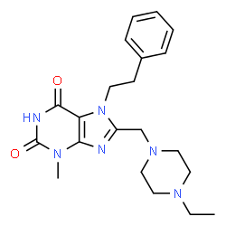 ChemSpider 2D Image | 8-[(4-Ethyl-1-piperazinyl)methyl]-3-methyl-7-(2-phenylethyl)-3,7-dihydro-1H-purine-2,6-dione | C21H28N6O2