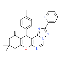 ChemSpider 2D Image | 9,9-Dimethyl-12-(4-methylphenyl)-2-(2-pyridinyl)-8,9,10,12-tetrahydro-11H-chromeno[3,2-e][1,2,4]triazolo[1,5-c]pyrimidin-11-one | C26H23N5O2