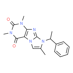 ChemSpider 2D Image | 1,3,7-Trimethyl-8-(1-phenyl-ethyl)-1H,8H-imidazo[2,1-f]purine-2,4-dione | C18H19N5O2