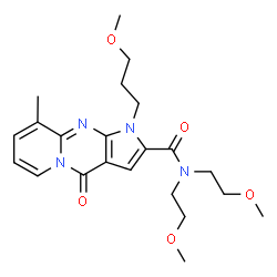 ChemSpider 2D Image | N,N-Bis(2-methoxyethyl)-1-(3-methoxypropyl)-9-methyl-4-oxo-1,4-dihydropyrido[1,2-a]pyrrolo[2,3-d]pyrimidine-2-carboxamide | C22H30N4O5