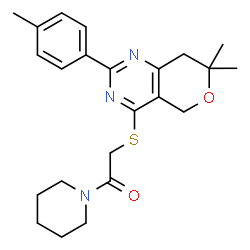 ChemSpider 2D Image | 2-{[7,7-Dimethyl-2-(4-methylphenyl)-7,8-dihydro-5H-pyrano[4,3-d]pyrimidin-4-yl]sulfanyl}-1-(1-piperidinyl)ethanone | C23H29N3O2S