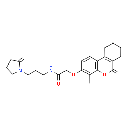 ChemSpider 2D Image | 2-[(4-Methyl-6-oxo-7,8,9,10-tetrahydro-6H-benzo[c]chromen-3-yl)oxy]-N-[3-(2-oxo-1-pyrrolidinyl)propyl]acetamide | C23H28N2O5